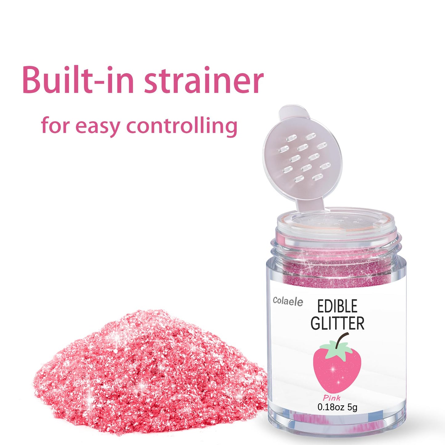 Colaele Pink Edible Glimmer Powder Glitter - Food-Grade Luster Dust, 5g, Vegan