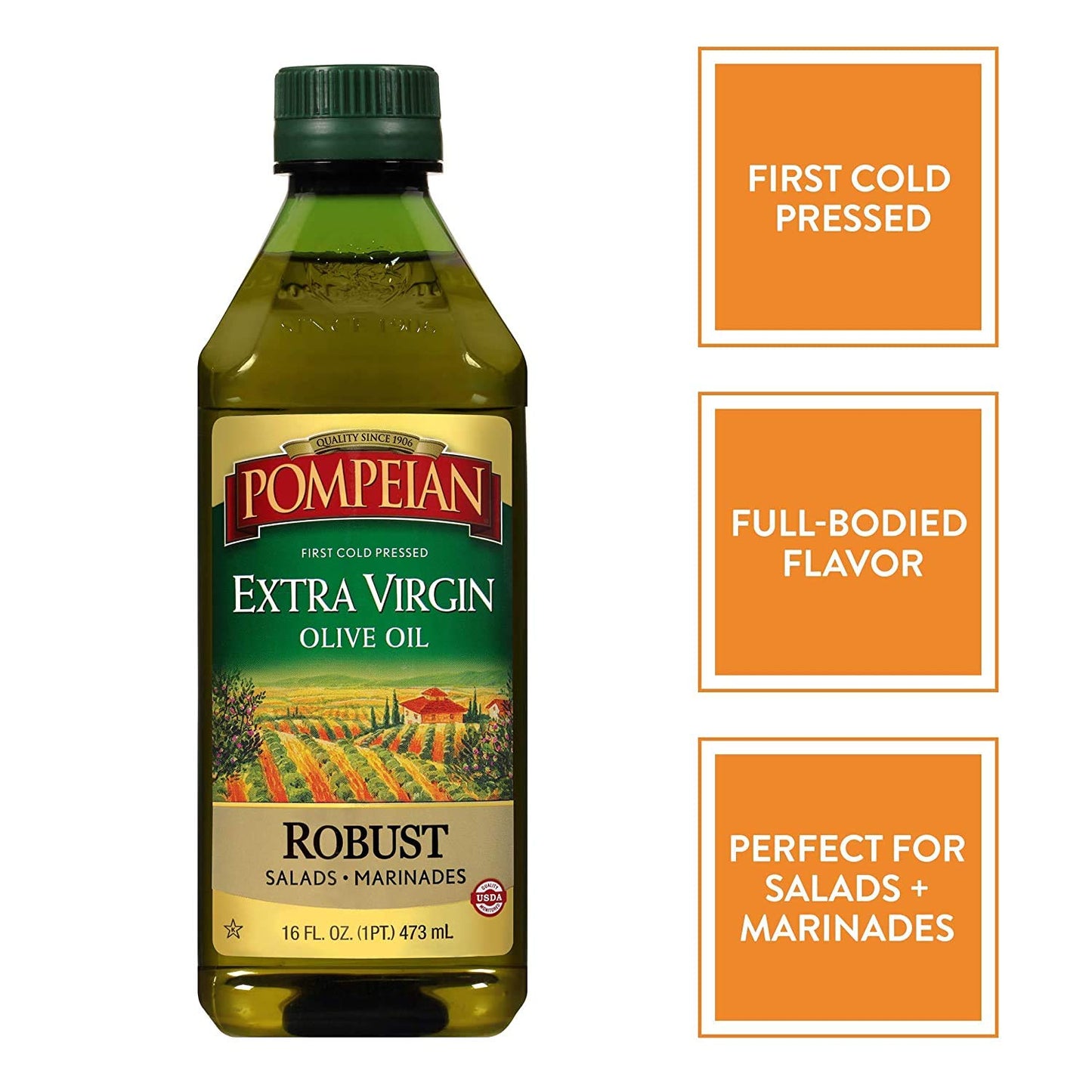 Pompeian 00008 Robust 16 Fl.Oz Extra Virgin Olive Oil, First Cold Pressed, Full-Bodied Flavor, Perfect For Salad Dressings And M
