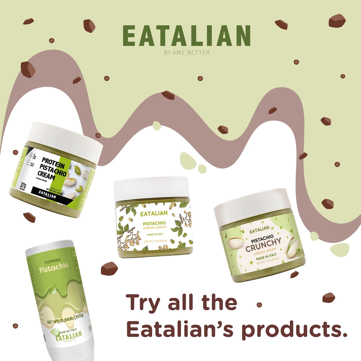Eatalian By Amz Better Pistachio Cream With Sweet Crunchy Biscuit, 7 Oz/200 Gr, Delicious Spread With A Uniquely Sweet Taste, Id