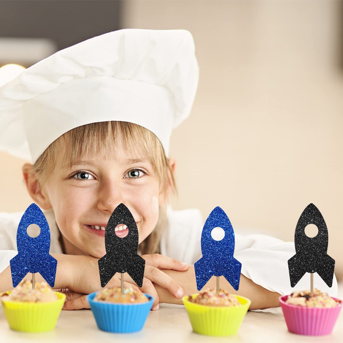 24Pcs Rocket Ship Cupcake Toppers, Baby Shower Party Decor For Boys, Astronaut Dessert Picks, Outer Space Themed Birthday Party