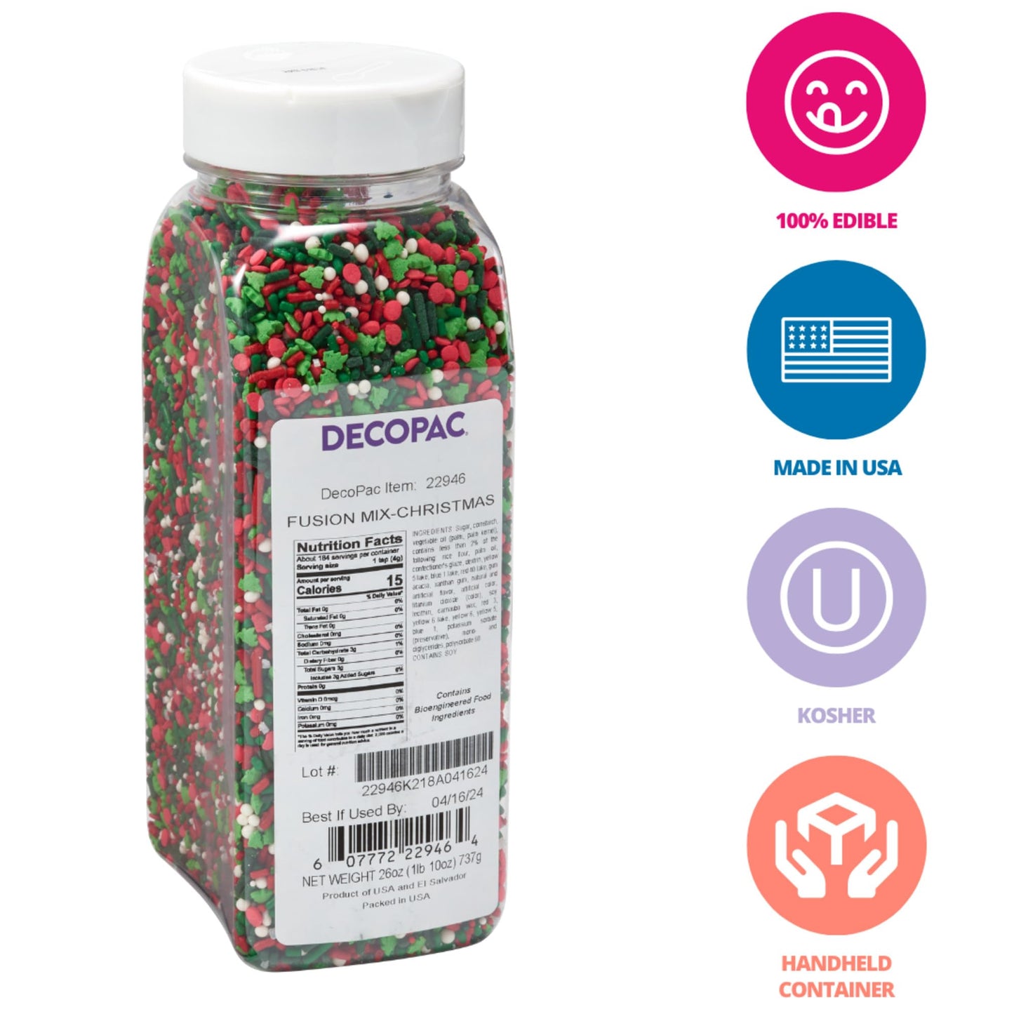 DECOPAC Christmas Fusion Mix Candy Sprinkles, 26oz, Fancy Sprinkles in Handheld Container, Festive Edible Sprinkles For Holiday