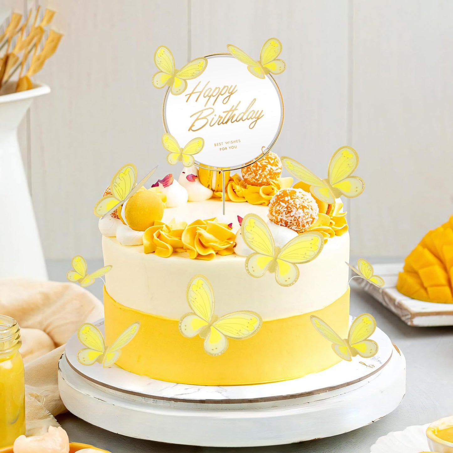BHNKGZNA 13 Pieces Butterfly Cake Toppers, 3D Pink Gold Decorations, Yellow, for Birthday Party, Wedding, Baby Shower