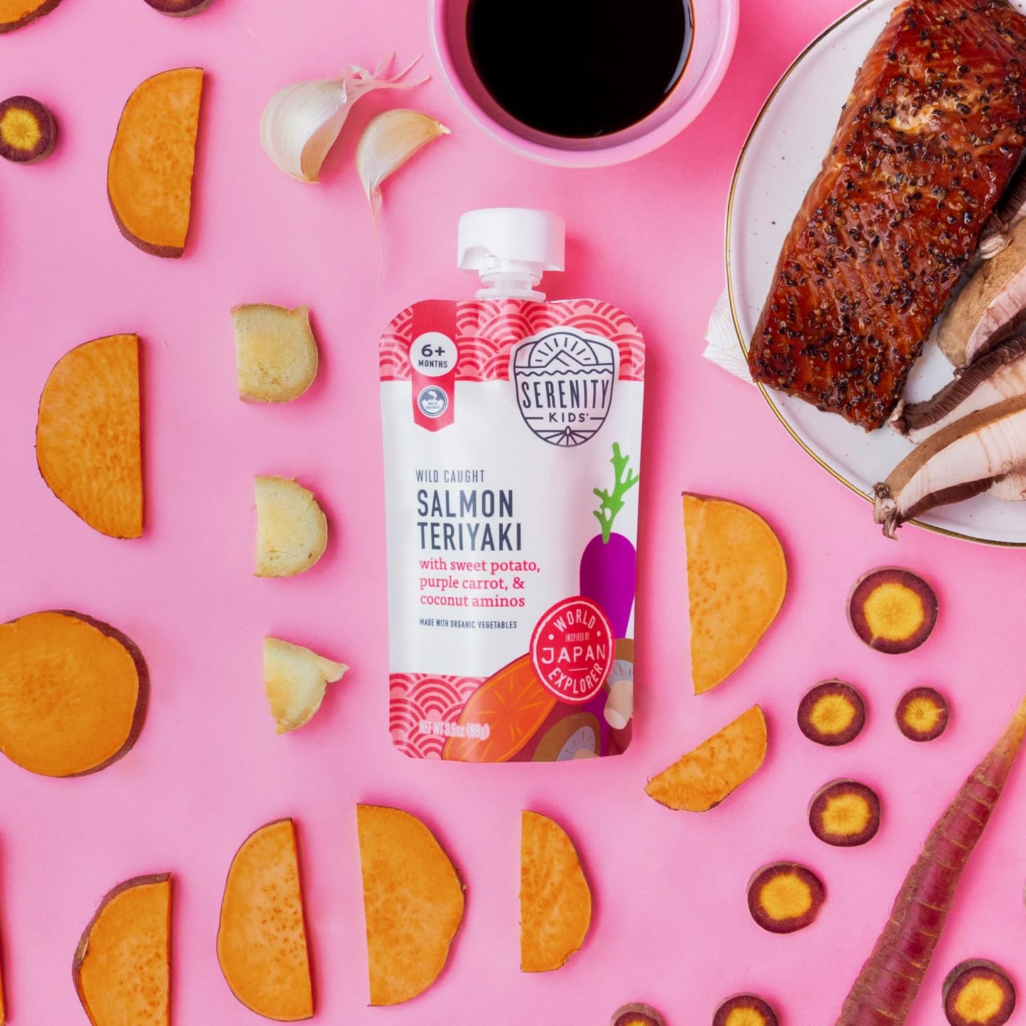Serenity Kids + Months Baby Food Puree - Salmon Teriyaki Pouch, 3.5 Oz, Pack Of 6-5G Protein Dv Wild-Caught Salmon Snacks - Nutrient-Packed Organic Baby Food Pouches - No Sugar Added Toddler Snack