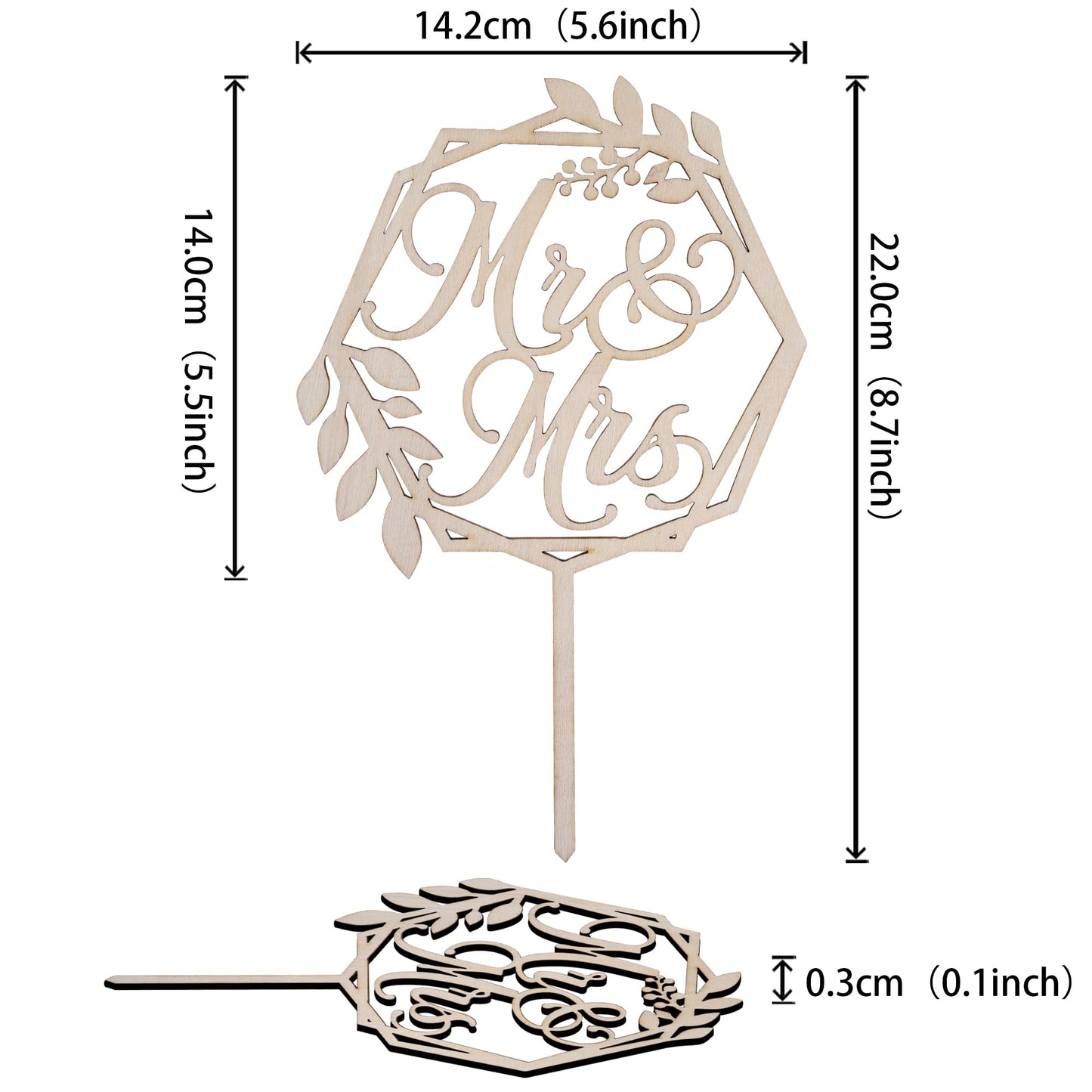 ZHUOWEISM Wooden Cake Topper - Mr & Mrs with Leaves Wreath - Small Size - Design 1 - Ideal for Weddings and Parties