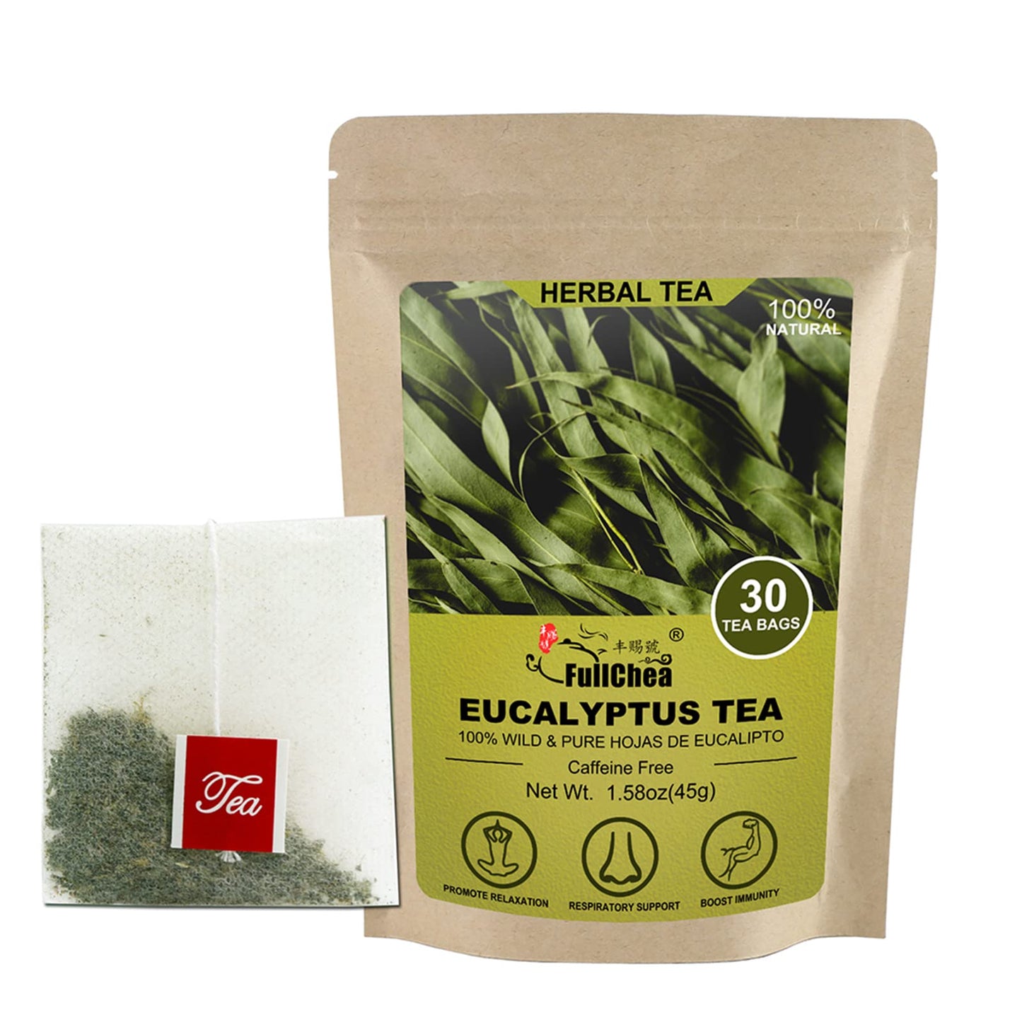 FullChea Eucalyptus Tea Bags - 100% Pure, Non-GMO, Caffeine-Free - 30 Count
