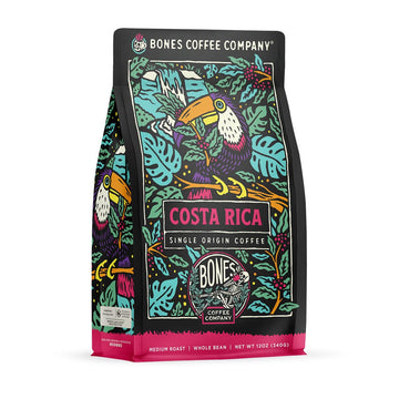 Bones Coffee Company Costa Rica Single-Origin Coffee Beans, Whole Bean Coffee Medium Roast Gifts Low Acid Gourmet, Cocoa, Nutty, Milk Chocolate Notes (12 Oz)