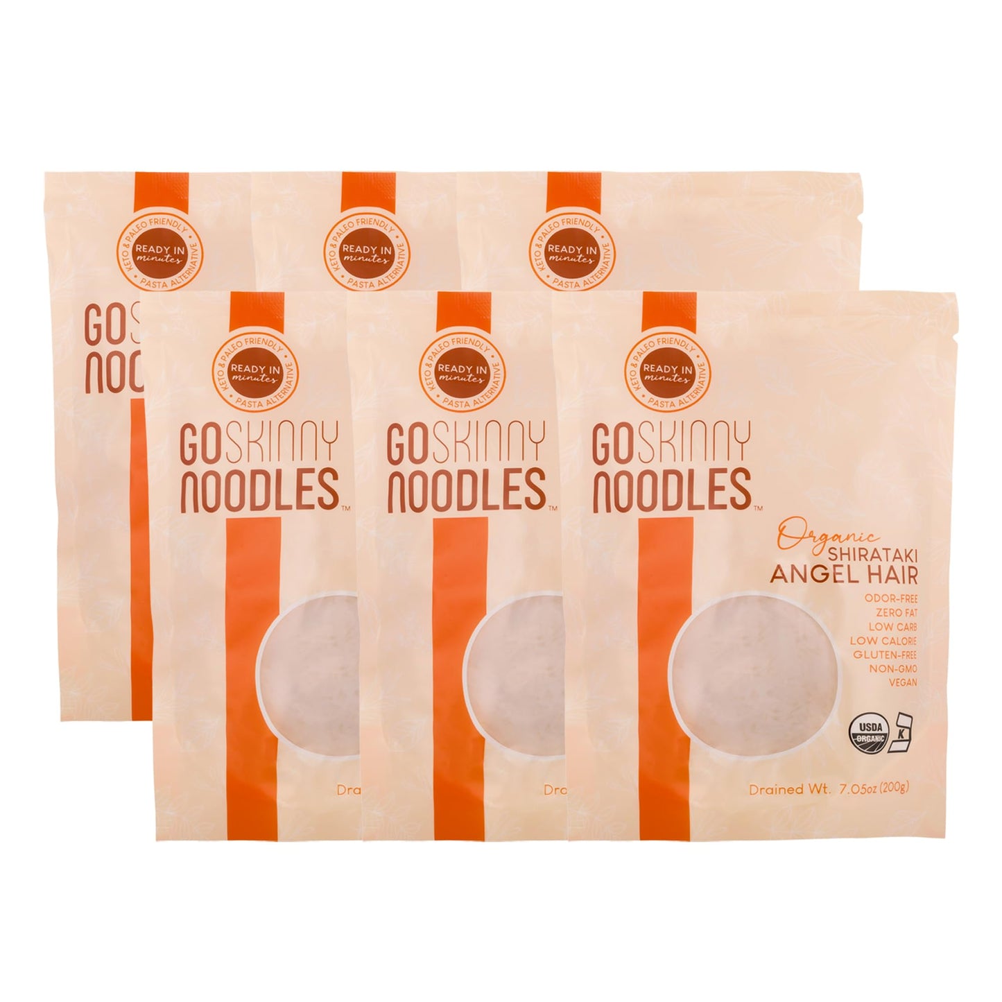 Goskinny Noodles Angel Hair (6), Organic, Odorless Shirataki & Konjac Pasta, Low Carb, Low Calorie, Gluten Free, Vegan, Kosher,