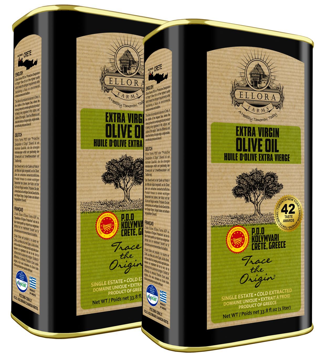 Ellora Farms Olive Oil Extra Virgin, Traceable & Certified PDO Polyphenol Rich Extra Virgin Olive Oil Cold Pressed, Global Gold
