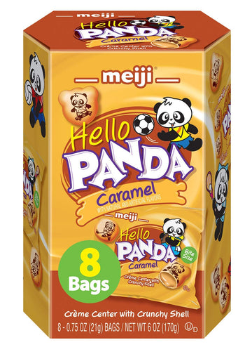 Meiji Hello Panda Cookies, Caramel Crme Filled - 6 Oz, Pack Of 8, 64 Bags Total - Bite Sized Cookies With Fun Panda Sports