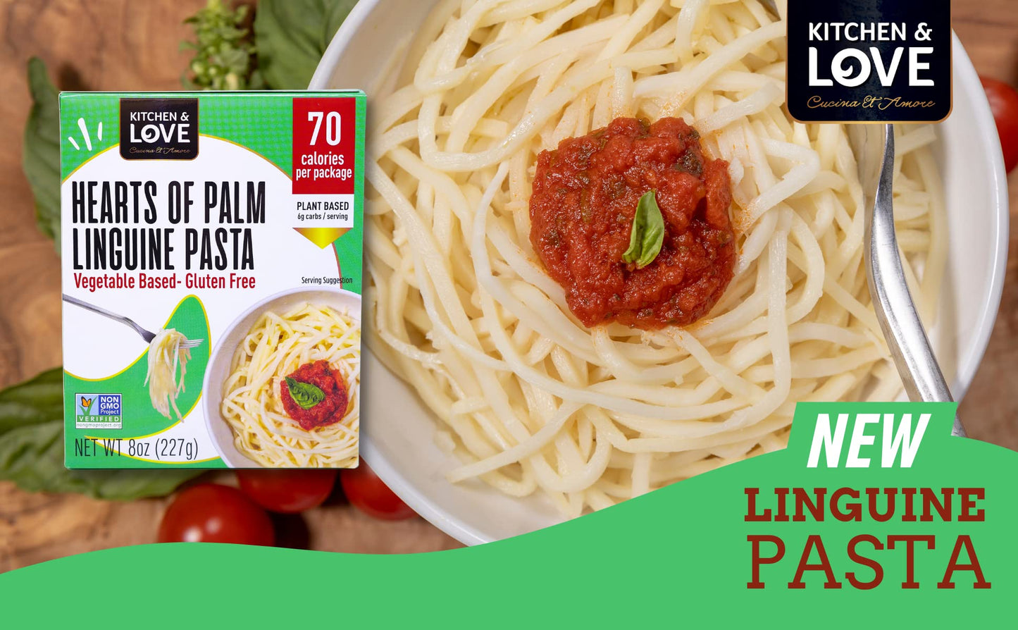 Kitchen & Love Hearts Of Palm Linguine, Low Carb, Low Calories, Plant Based, Non Gmo, Gluten Free Pasta Alternative, Vegan, Easy