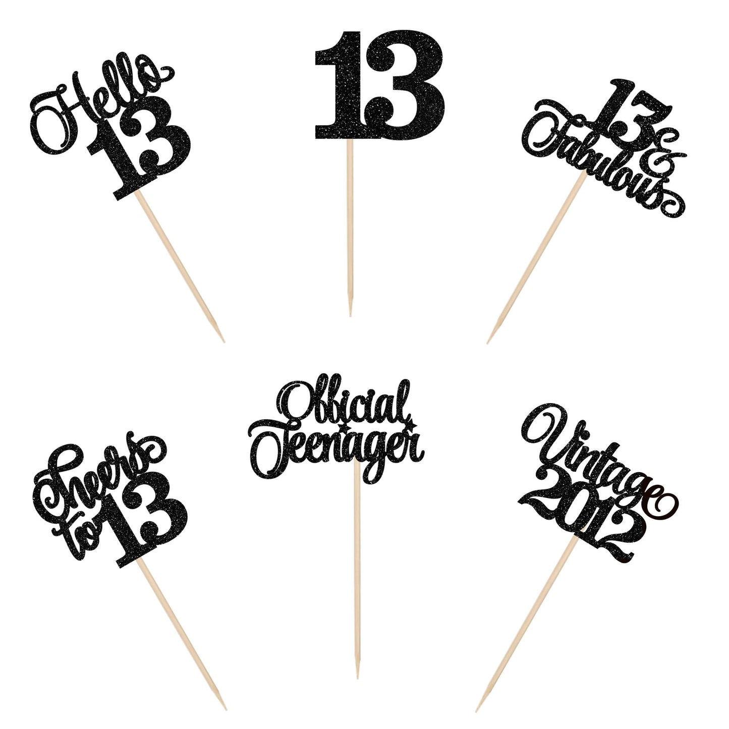 Rssta i Cupcake Toppers 24 Pack Glitter 13th Birthday Decorations Black