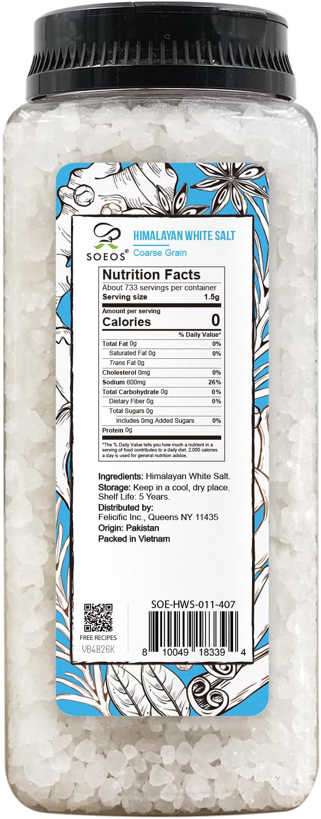 Soeos Sea Salt, Coarse Grain, 39 Oz (2.4 Pound), Non-GMO, Nature Himalayan Kosher Salt, Sea Salt for Grinder Refill (Pack of 1)