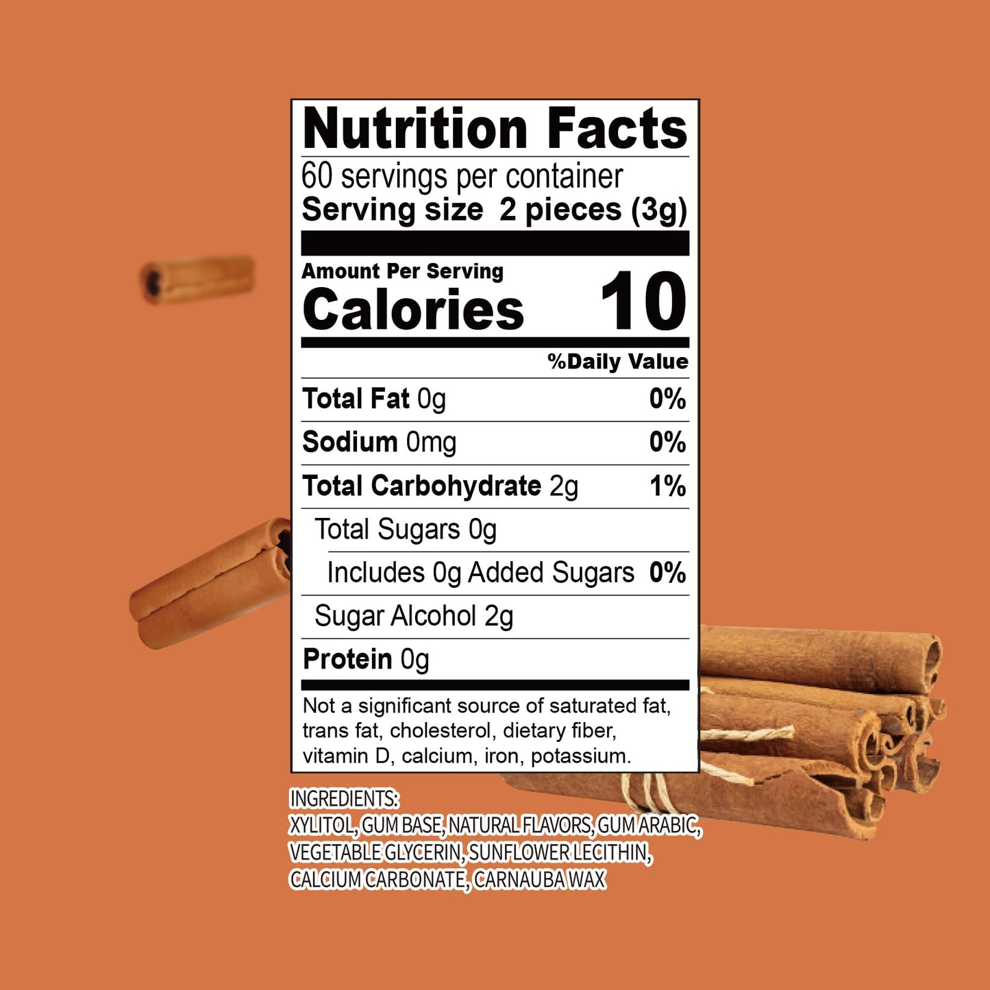 Dc24 Daily Care 100% Xylitol Gum, No Aspartame, Sugar Free Chewing Gum, Natural Cinnamon Flavor, Gluten Free, Vegan, 60 Pieces,