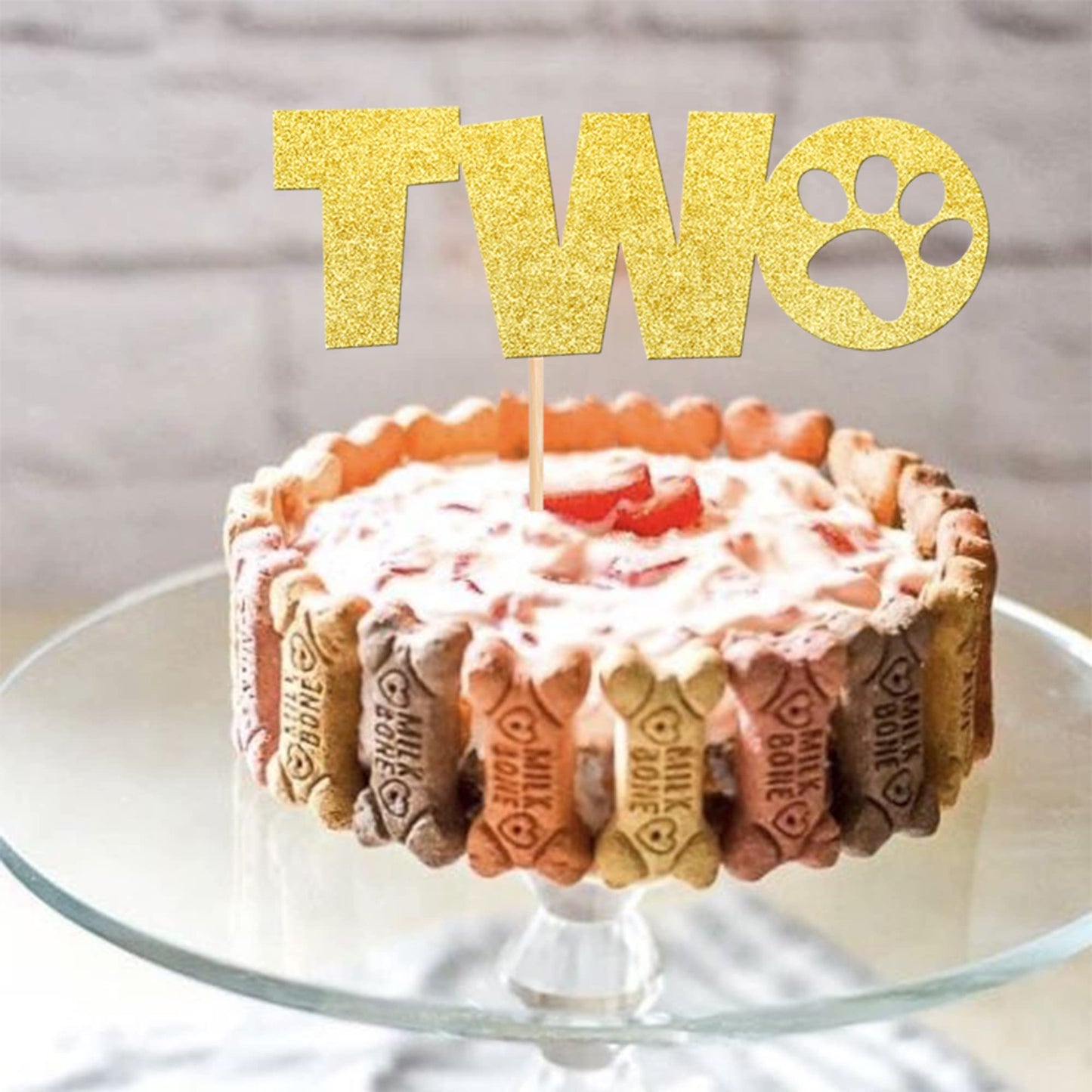 1 Pcs Two Cake Topper Gold Glitter Dog Paw 2 Years Old Birthday Cake Pick For Puppy Dog Let'S Pawty Theme Kids Boys Girls 2Nd Bi