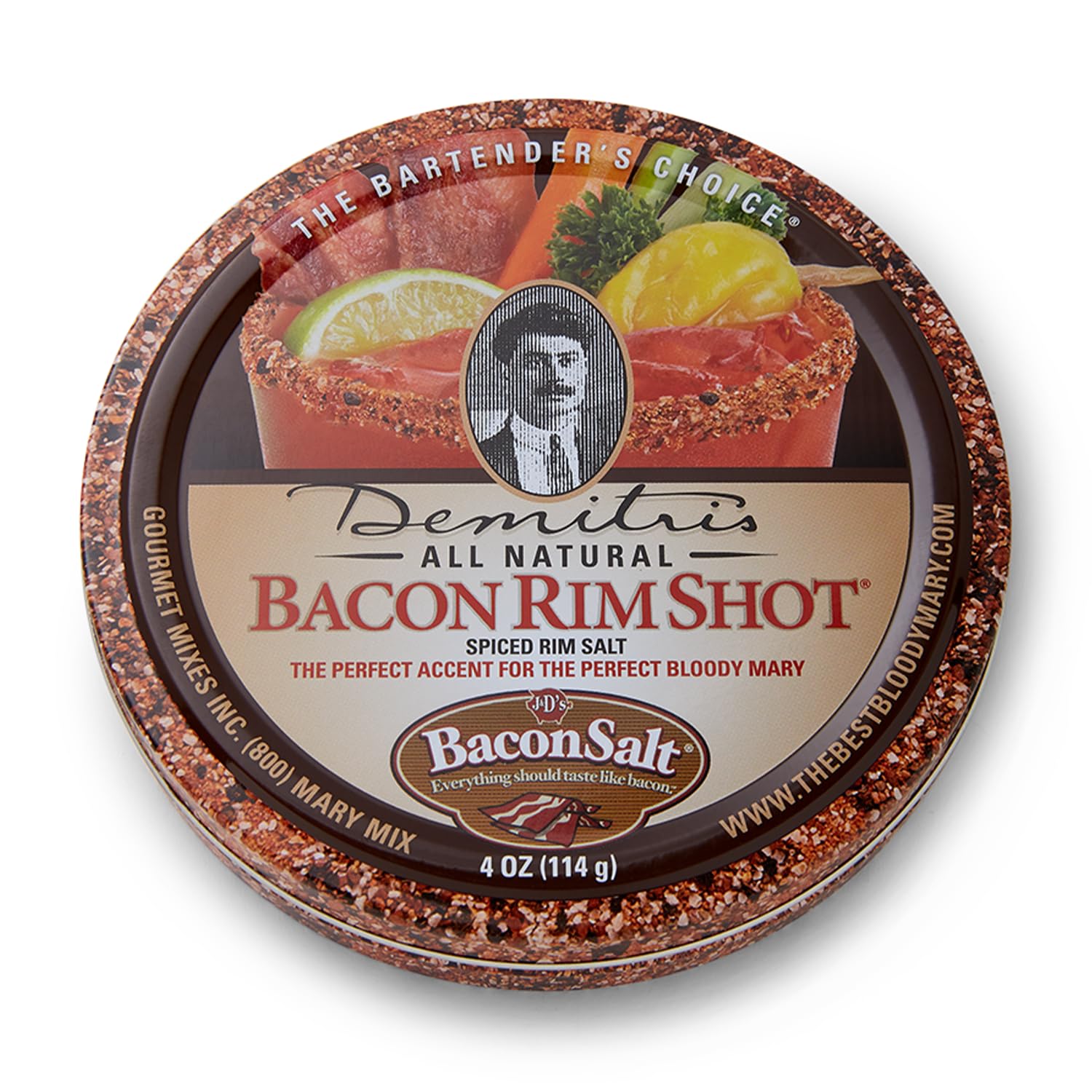 Demitris Bacon RimShot Spiced Rim Salt - Bacon Flavored Salt Rimmer For Cocktails - Drink Garnish - Perfect for Bloody Marys, Margaritas, and More - 4oz Tin (Pack of 1)