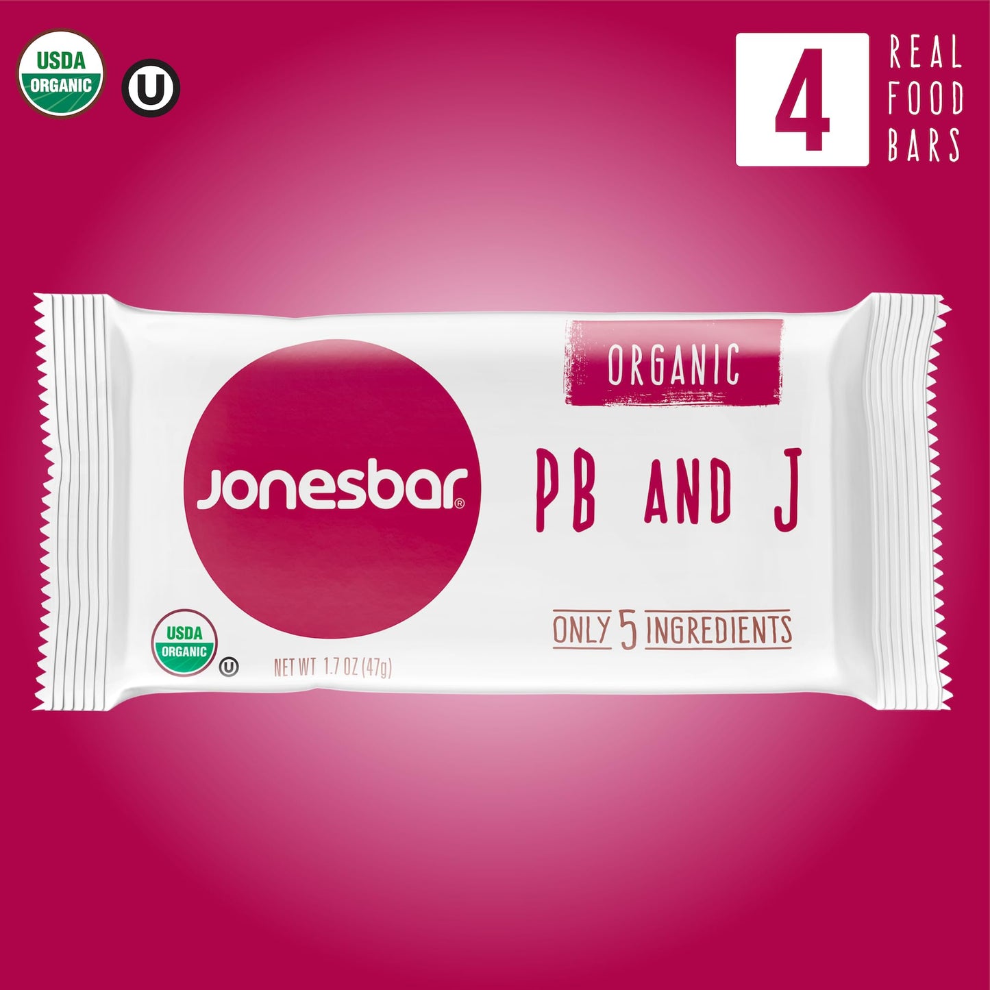 Jonesbar (Peanut Butter & Jelly, 4 Count (Pack Of 1)), Usda Organic Fruit & Nut Bar, Non-Gmo, Kosher, Vegan, Gluten Free, Simple