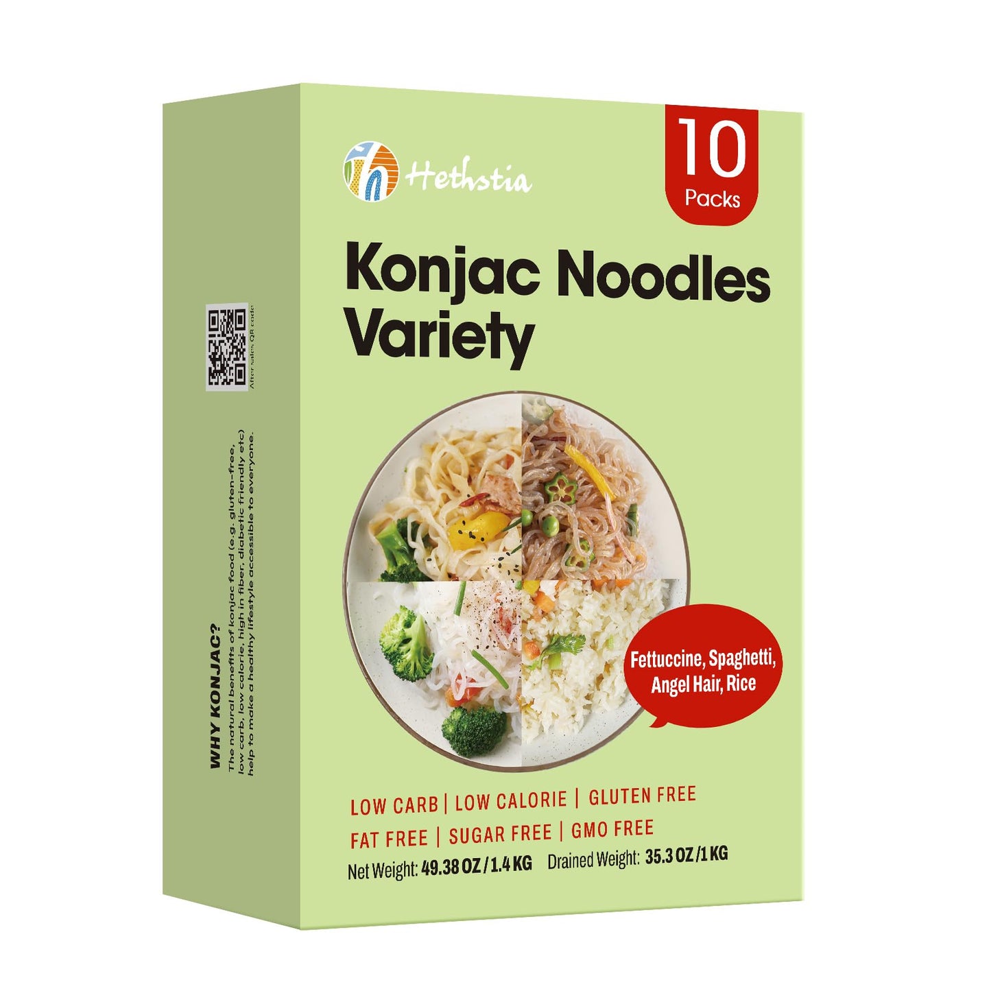 Hethstia Konjac Noodles Variety Pack - 10 Pack Shirataki Noodle with Fettuccine, Angel Hair, Spaghetti, and Rice Shapes, Keto, V