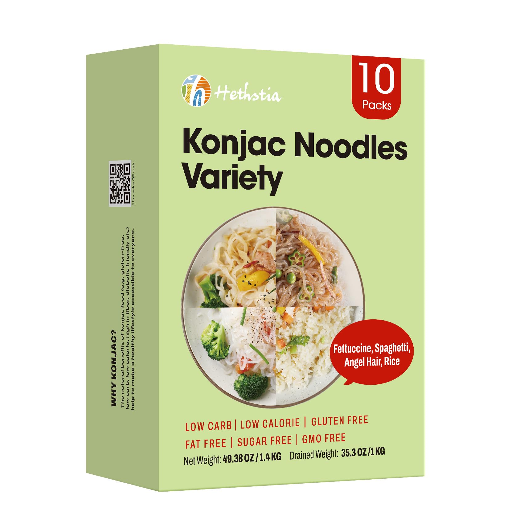 Hethstia Konjac Noodles Variety Pack - 10 Pack Shirataki Noodle with Fettuccine, Angel Hair, Spaghetti, and Rice Shapes, Keto, V
