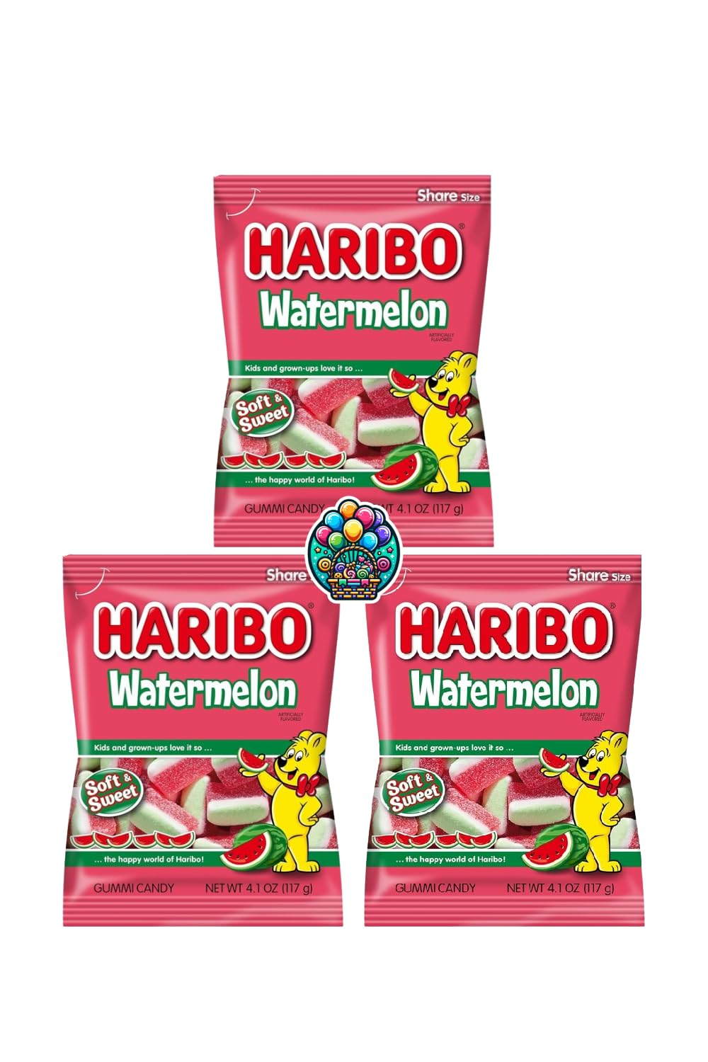 Watermelon Gummi Candy - 4oz. (Pack of 3) Bite-Sized Share Size Peg Bags, Watermelon Flavor for Halloween, Christmas and more in