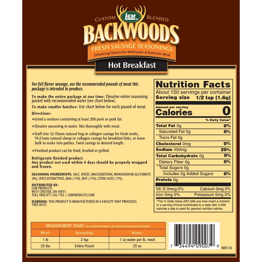 LEM Backwoods Hot Breakfast Sausage Seasoning, Ideal for Wild Game, 8.3 Ounce Packet, Model 9007