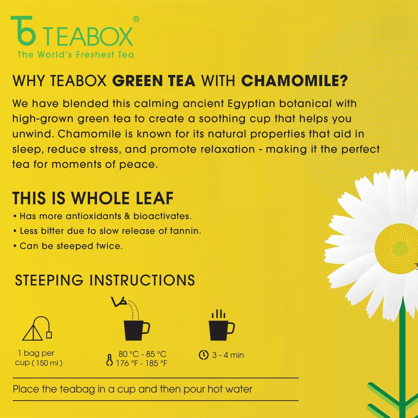 Teabox Enhanced Darjeeling Green Tea With Chamomile Flowers | 100% Whole Leaf & 0% Bitterness | Green Tea From The Himalayas | 100 Tea Bags (Low Caffeine)