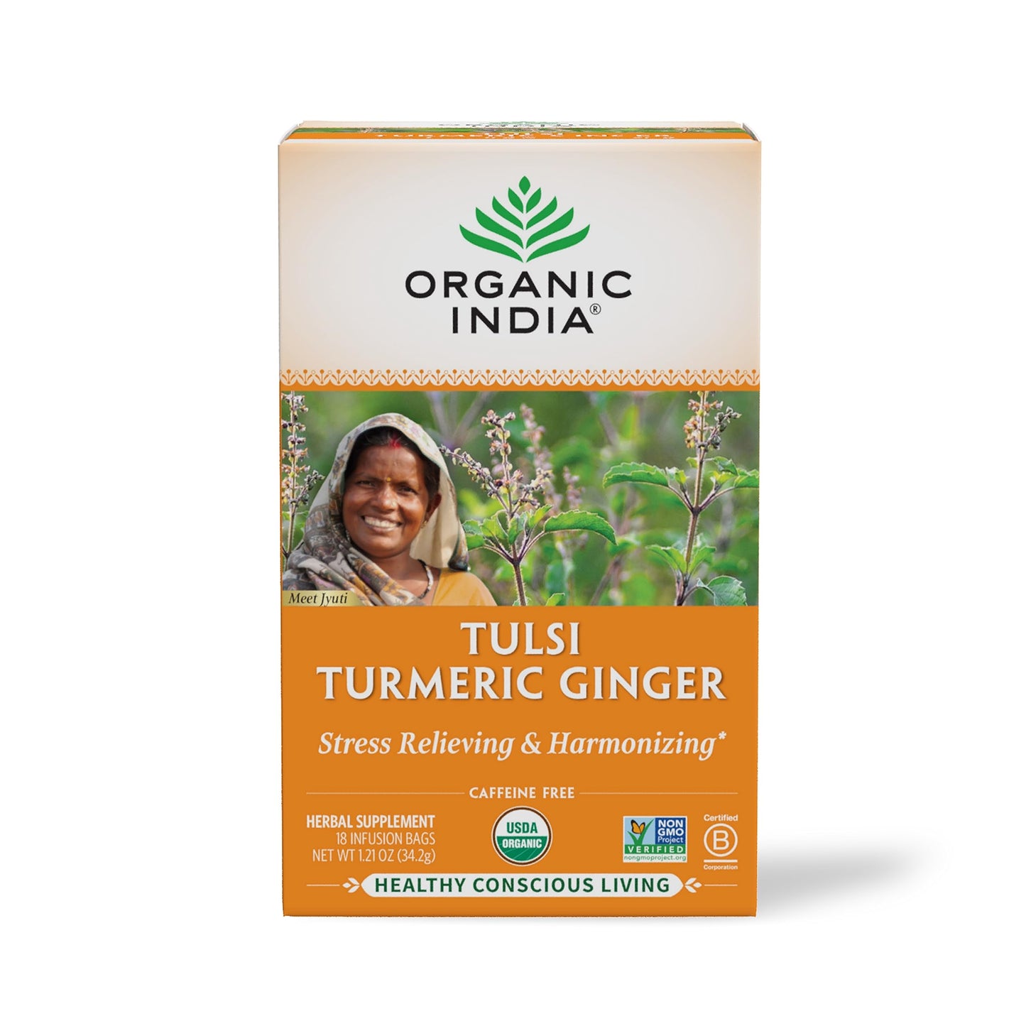 ORGANIC INDIA Tulsi Turmeric Ginger Tea Bags - Herbal Tea, Caffeine-Free, 18 Count (Pack of 1), Model 00270893