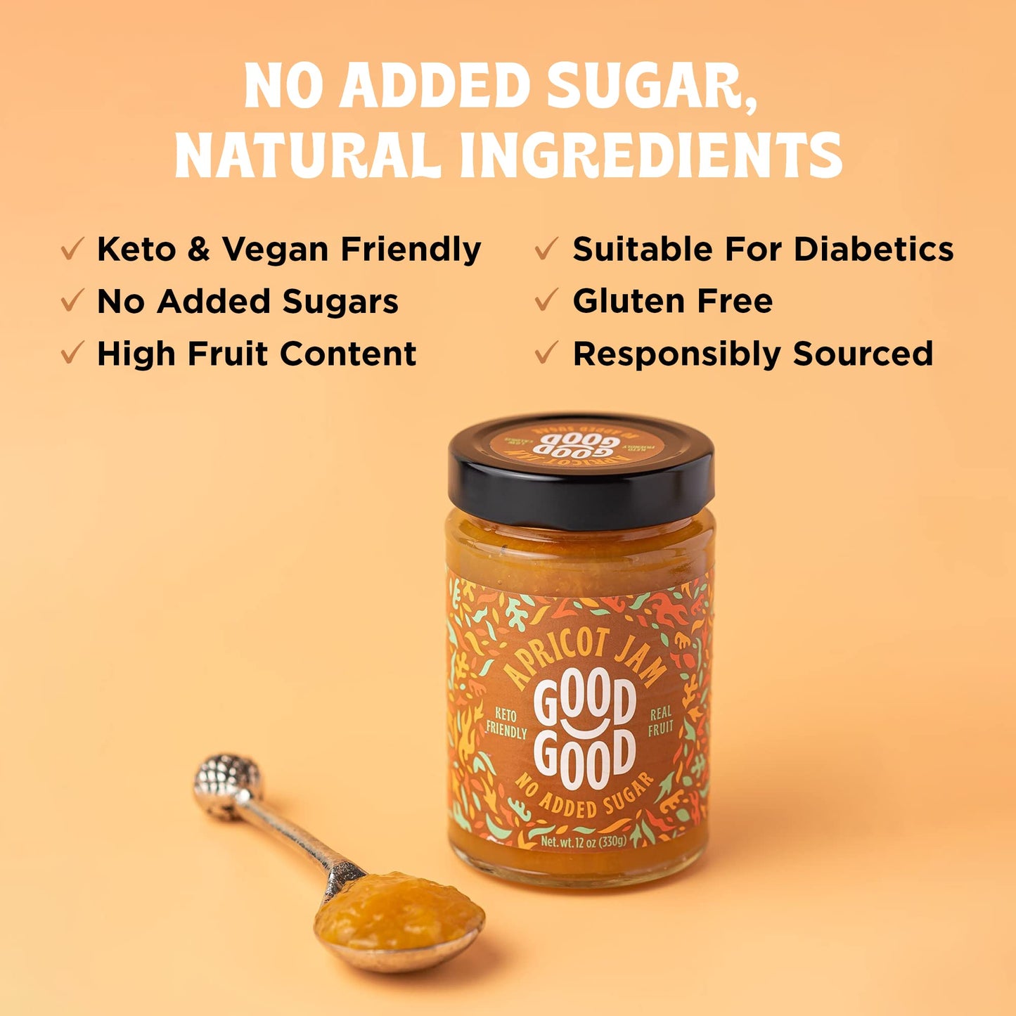 GOOD GOOD Apricot Jam - No Added Sugar - Low Calorie - Gluten Free and Vegan - Diabetic and Keto Friendly - 12oz / 330g (Pack of