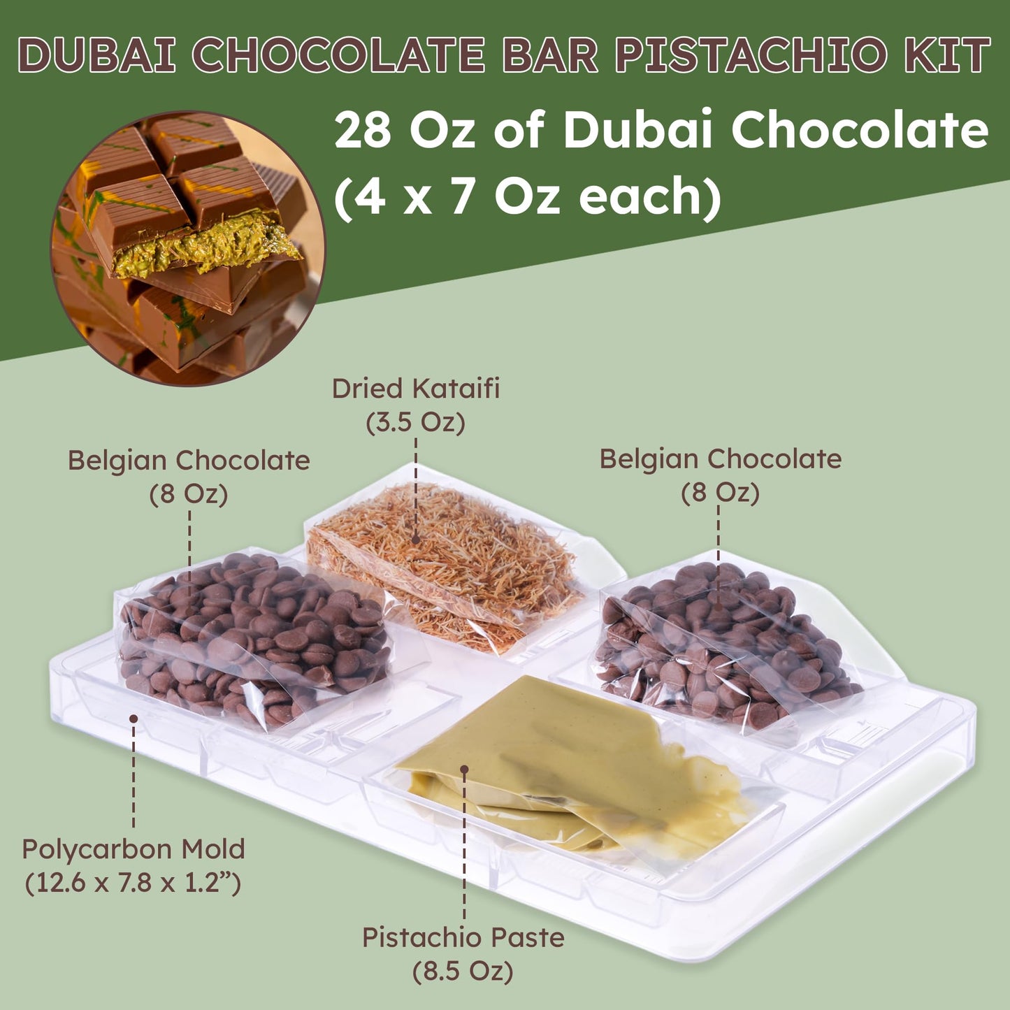 Dubai Chocolate Bar Kit  DIY Make Four Bars (16 Oz Belgian Choco  8.5 Oz Pistachio Cream  4-Piece Polycarbonate Mold  3.5 Oz Dried Kataifi)  DIY Dubai Pistachio Chocolate Kit  All-in-One Gift for Choco Lovers