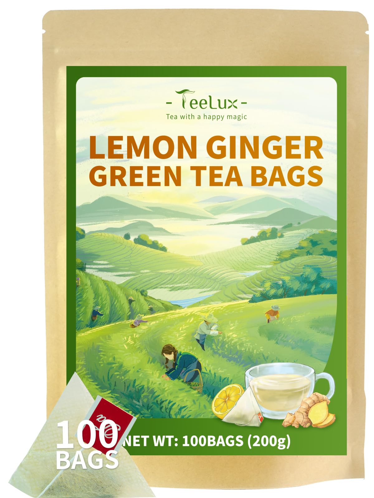 TeeLux Lemon Ginger Green Tea, Zesty Flavor, Low Caffeine, 100 Count