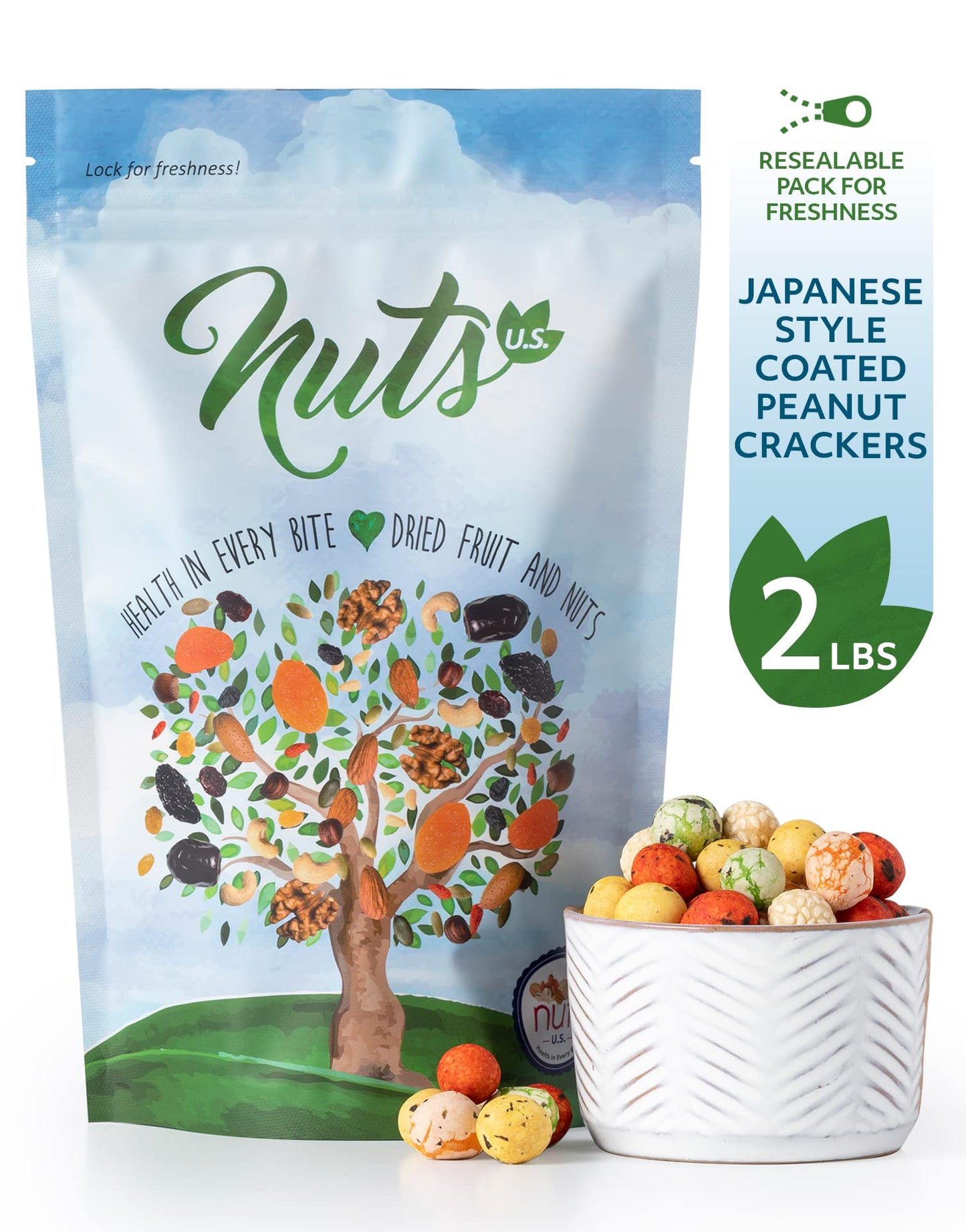 NUTS U.S. Japanese Coated Peanut  ers, Non-GMO, 2 LBS, Resealable Bag, Japan Mix