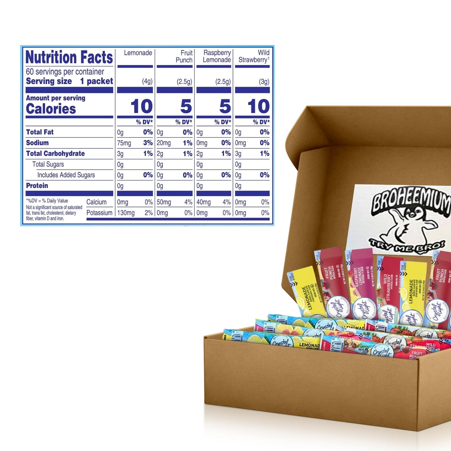 Broheemium Crystal Light Variety Pack - 60 Sugar-Free Drink Mix Packets, Lemonade, Fruit Punch, Raspberry, Strawberry Flavors