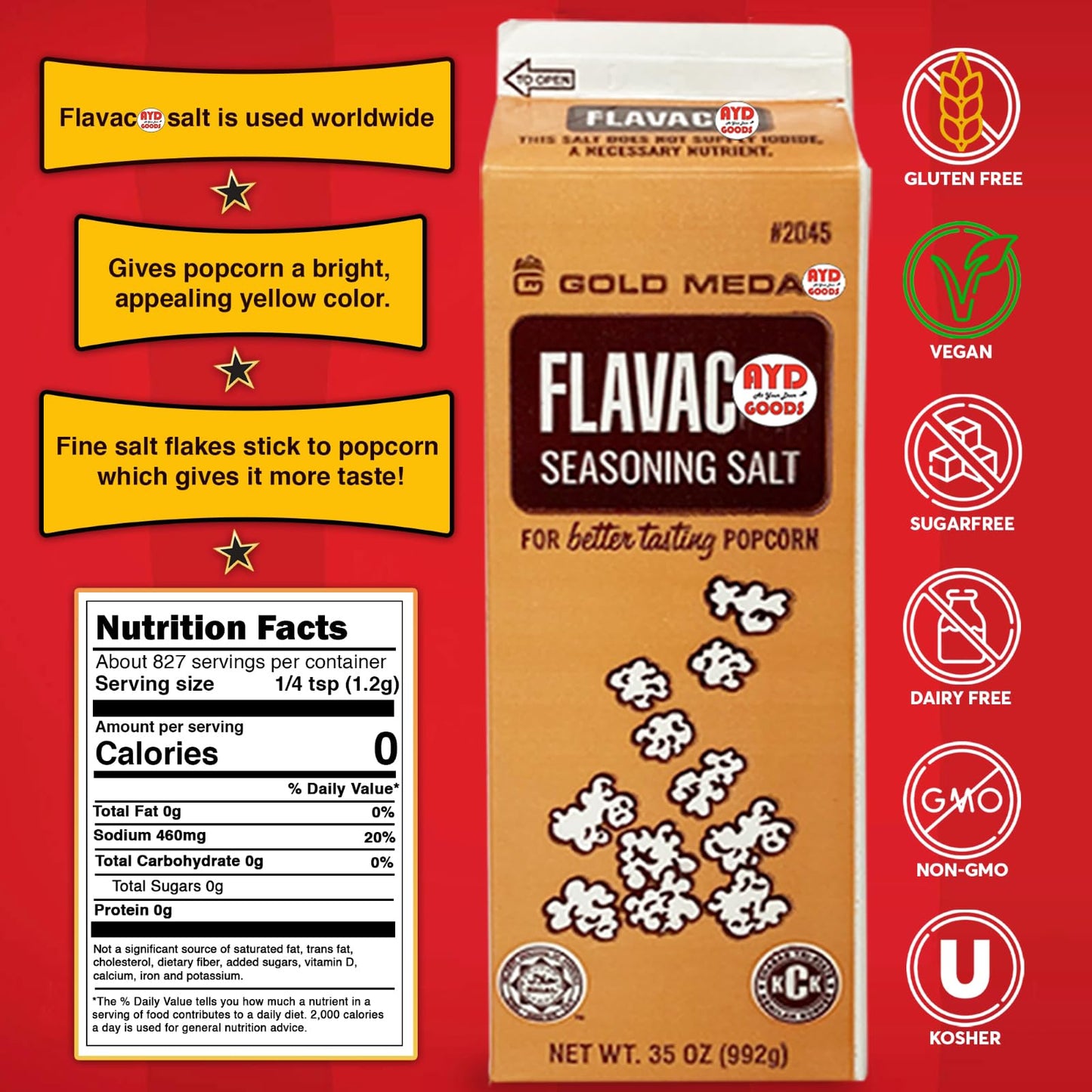 AYD Goods Popcorn Kit - Butter Flavored Coconut Oil 32oz, Seasoning Salt 35oz, 20 Popcorn Bags