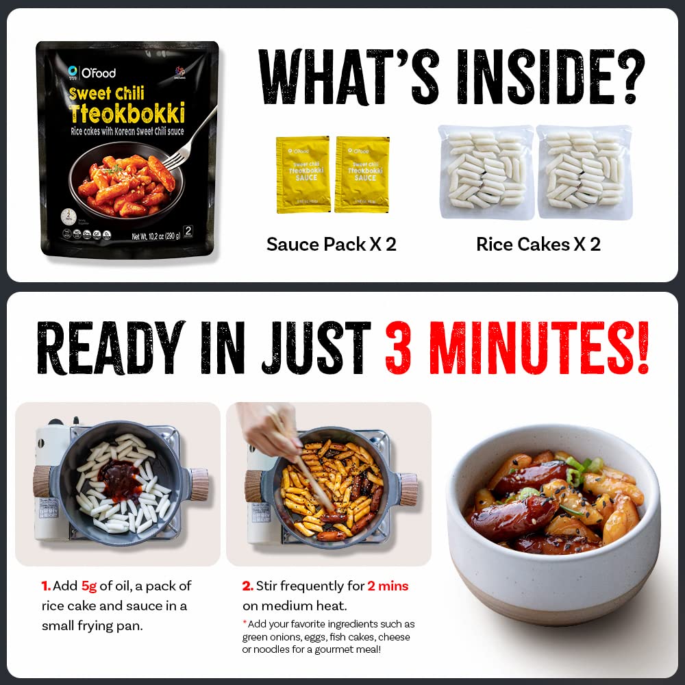 C O'Food Sweet Chili Tteokbokki, Gluten-Free Korean Rice Cakes, Authentic Spicy Korean Street Food Snack, Perfect With Cheese An