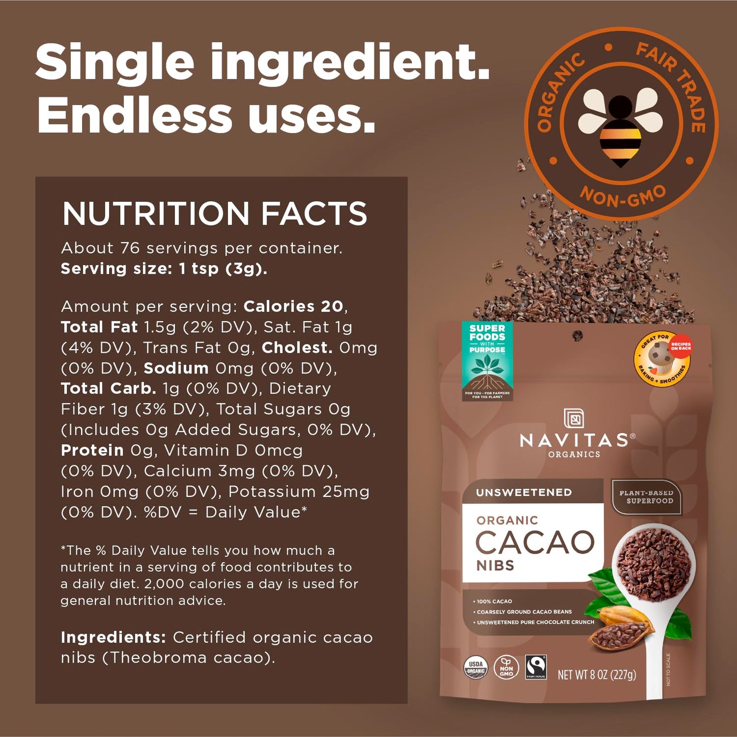 Navitas Organics Raw Cacao Nibs, 8 oz. Bag, 76 Servings - Organic, Non-GMO, Fair Trade, Gluten-Free