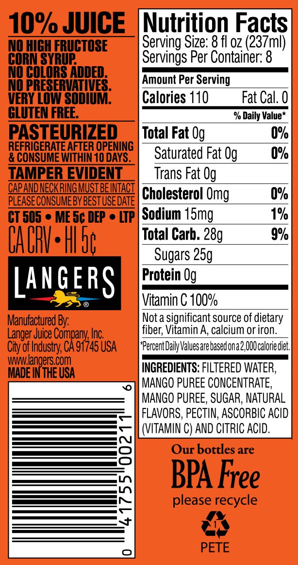 Langers Juice Cocktail Mongo Mango, 64 Fl Oz, Pack of 8