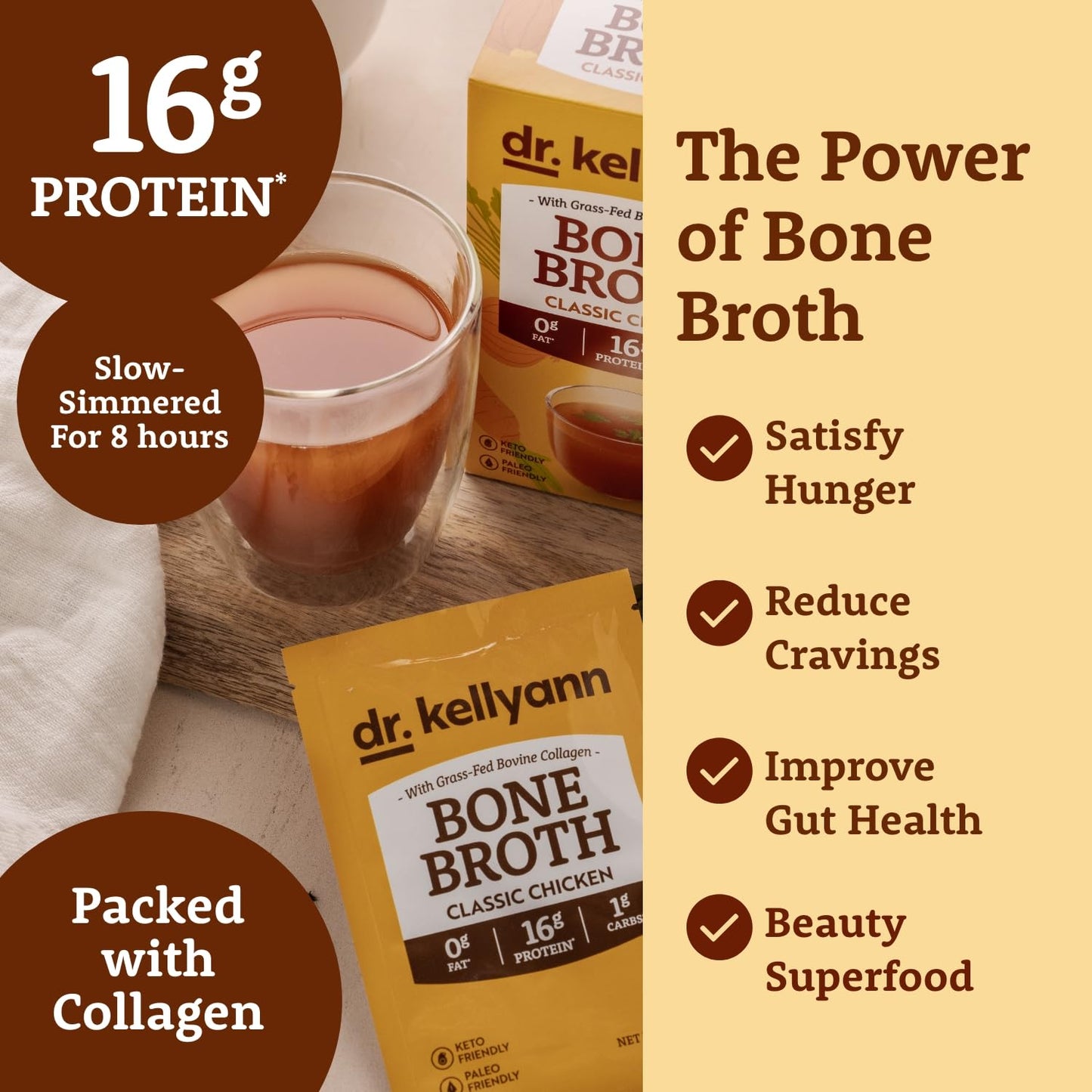 Dr. Kellyann 21-Day Bone Broth Bundle - 10 Boxes Classic Chicken Flavor Bone Broth Powder Packets (70 Servings)