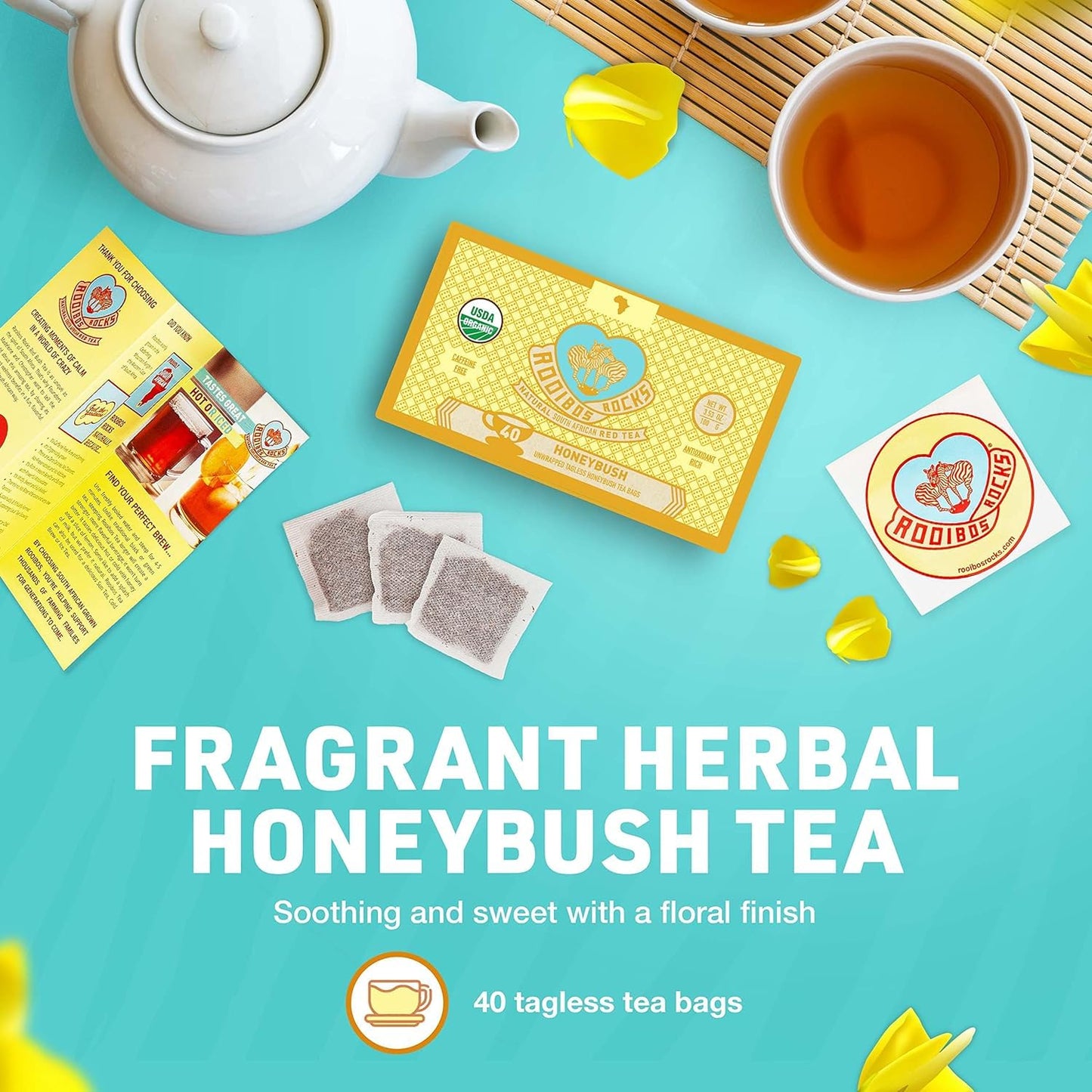 Rooibos Rocks Premium Honeybush Tea - Caffeine Free, 40 Tea Bags, Deep Red, Sustainably Sourced