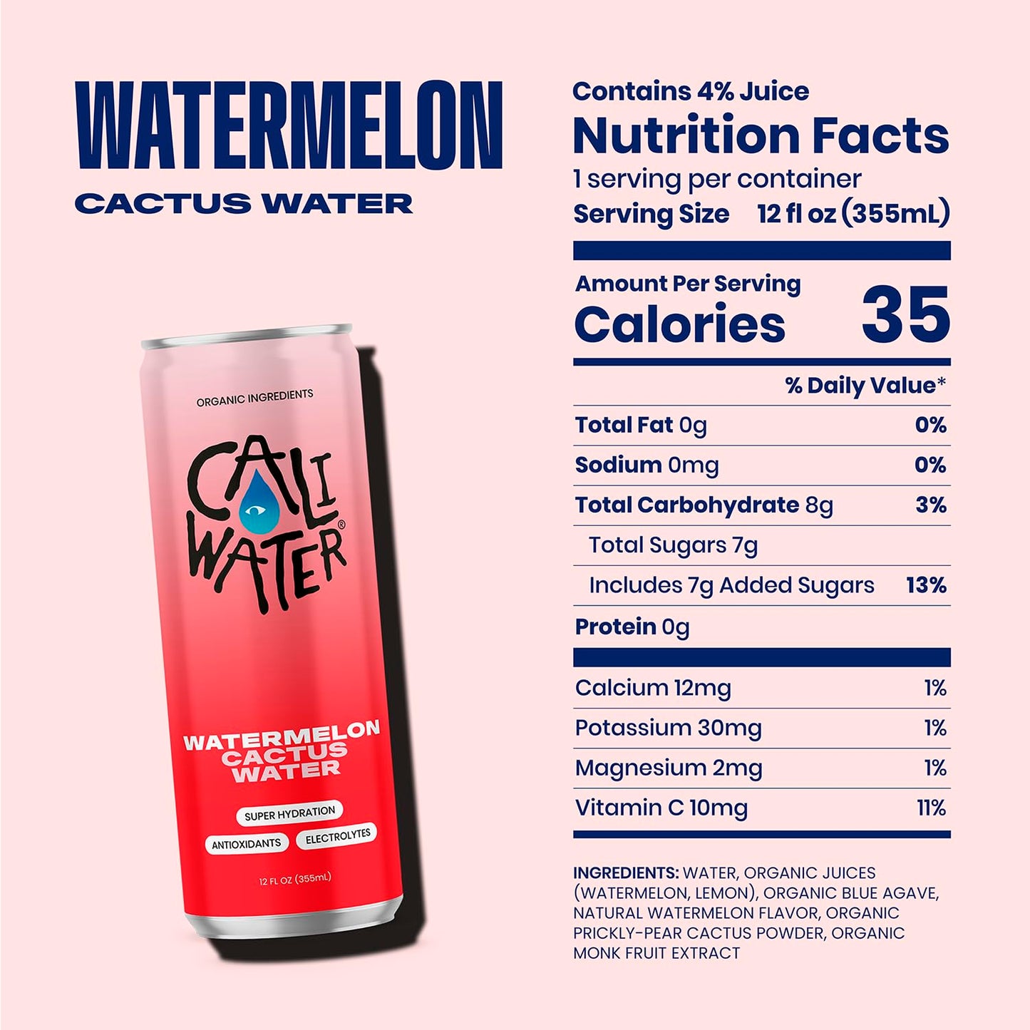 Caliwater Organic Nopal Cactus Water with Rare Antioxidants + Electrolytes for Hydration and Recovery, Plant-Based, Non-GMO, Non