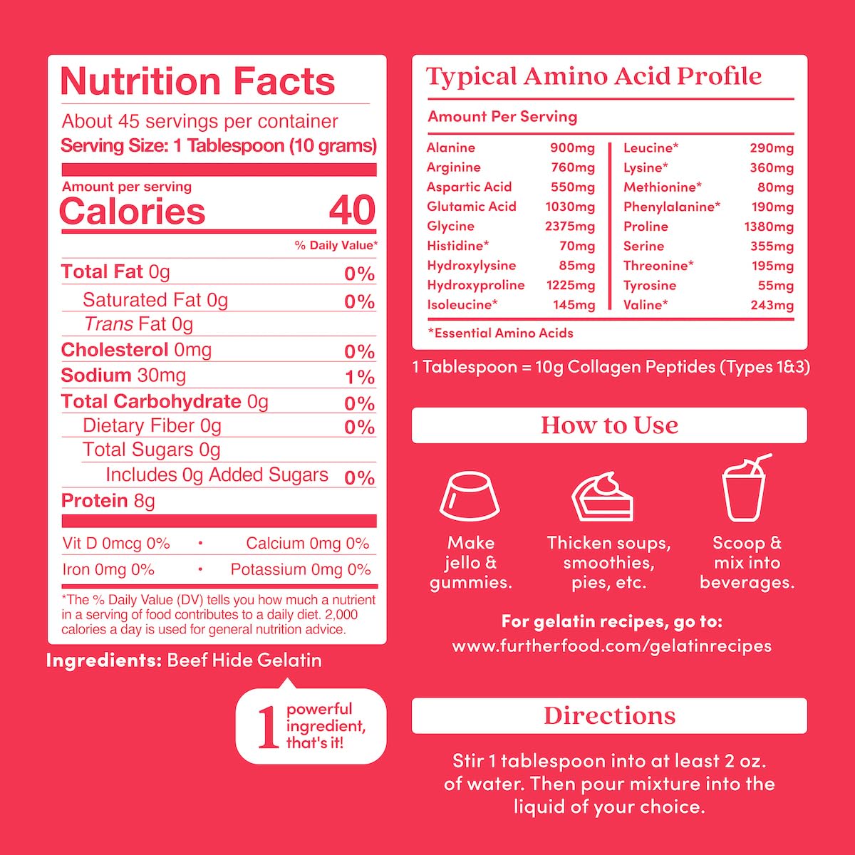 Further Food Premium Gelatin Powder, Unflavored, Grass-Fed, Non-GMO, 15.87 oz, Keto, Paleo