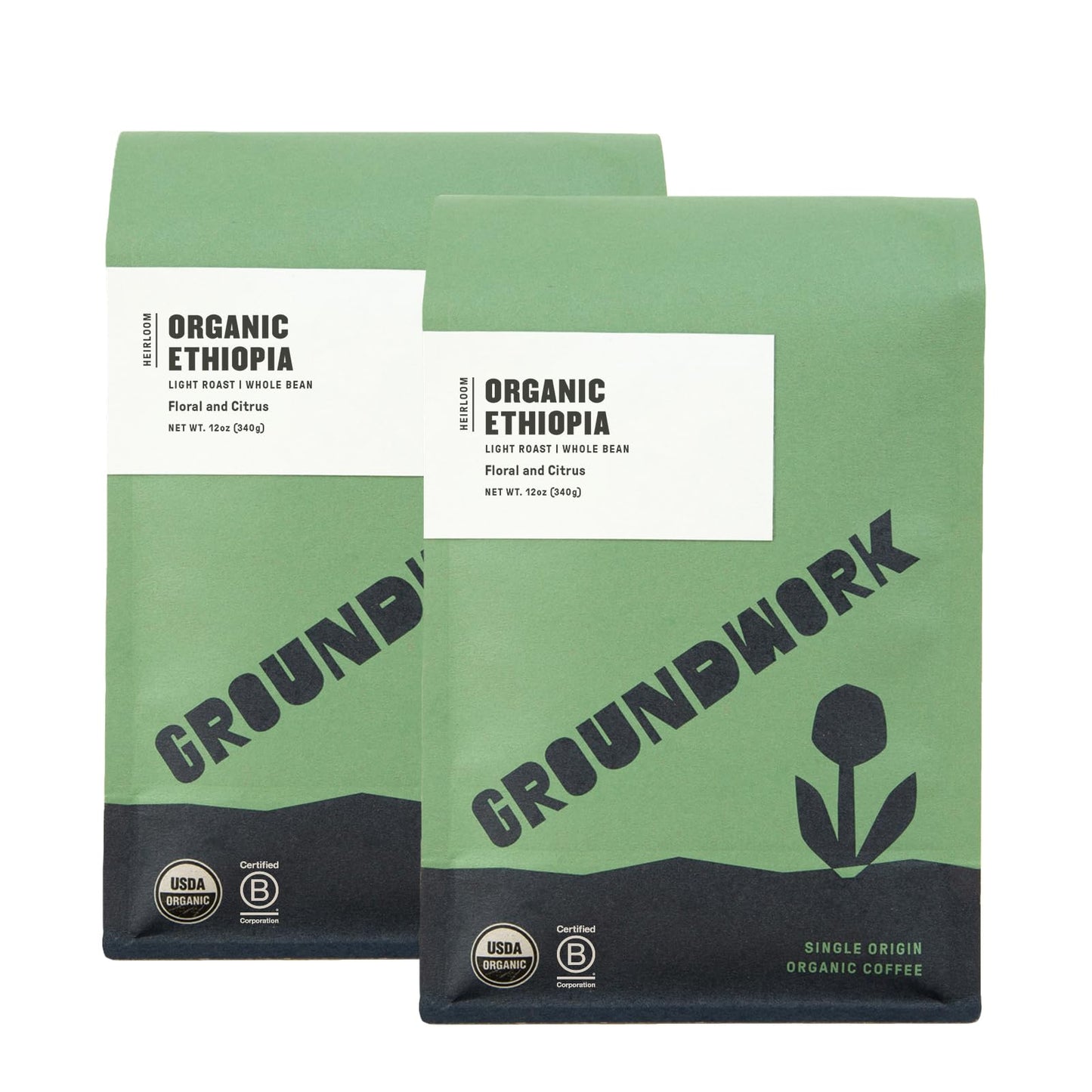 Groundwork Ethiopia Heirloom Blend Whole Bean Coffee Light Roast - 12oz Bag (Pack of 2) - Certified Organic