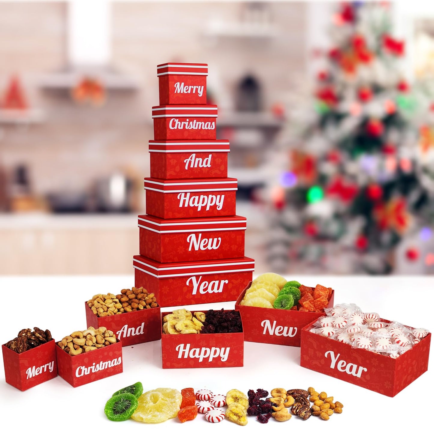 Merry Christmas And Happy New Year 6 Tier Indulgence Gift Basket Tower With Dried Fruits & Nuts - Gourmet Food Present For Men &