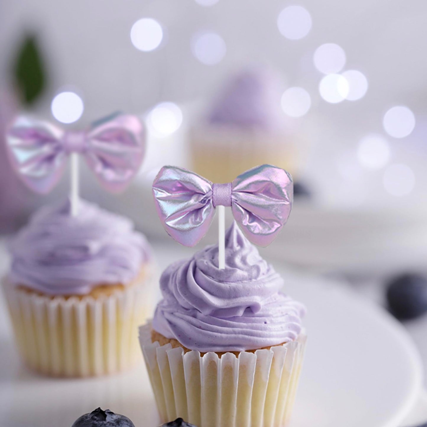 YCTHUNFISH 12 Pack Pink Bow Cupcake Toppers for Wedding, Bridal Shower, Birthday Party - Purple Paper Bowknot Decorations