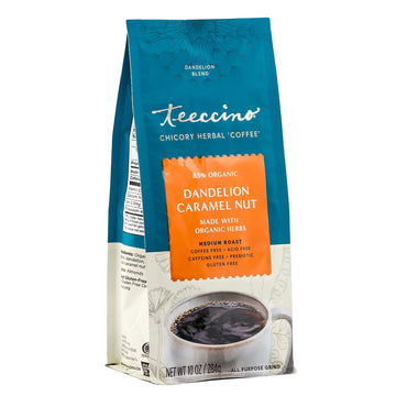 Teeccino Dandelion Caramel Nut Herbal Coffee - Medium Roast, Caffeine-Free, Gluten Free, 10 oz