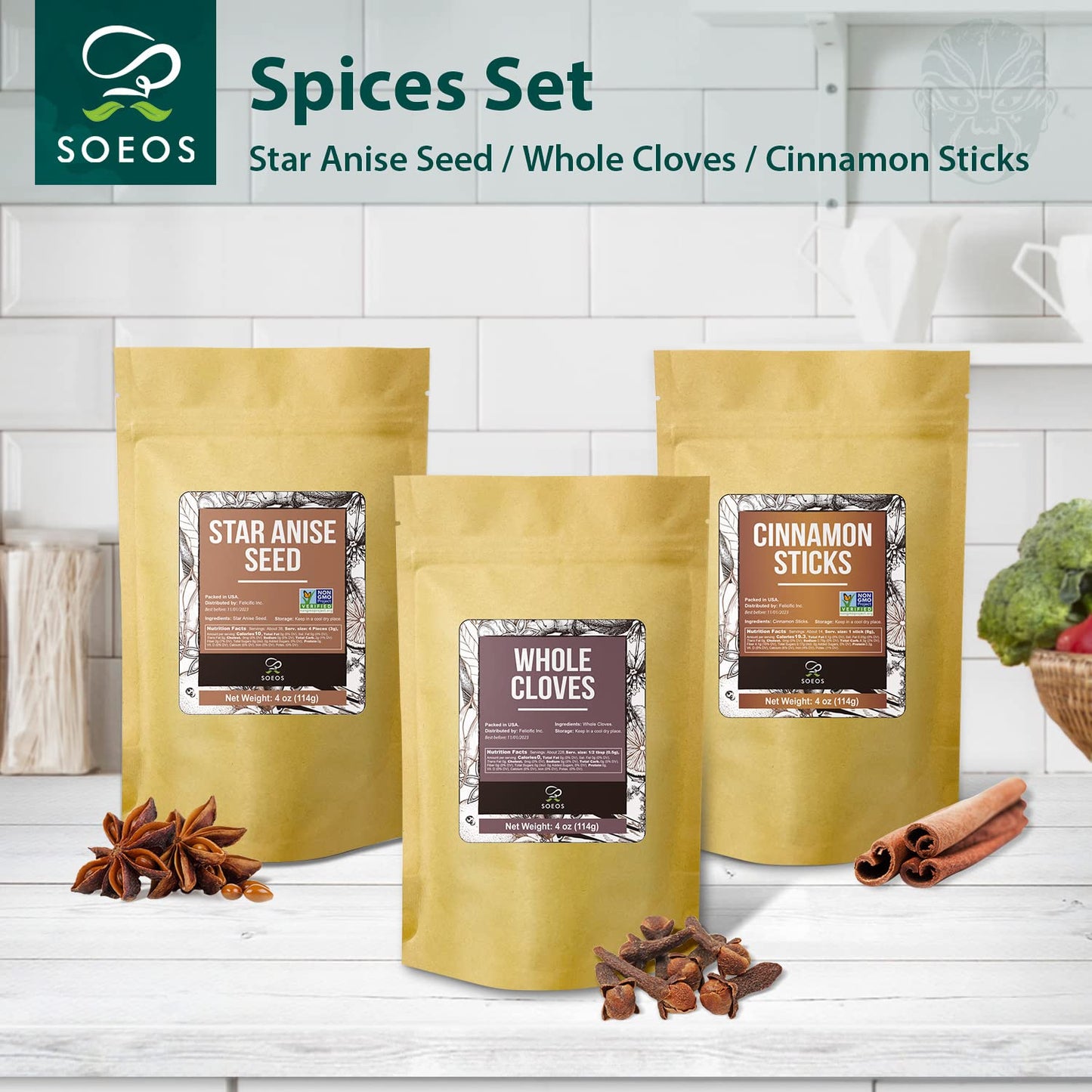 Soeos Cinnamon Sticks Bulk + Star Anise Whole + Whole Cloves Bulk, 4oz Each, All Natural, No Preservative, Spice Sets, Starter S