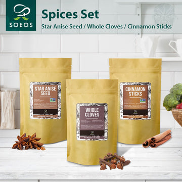 Soeos Cinnamon Sticks Bulk + Star Anise Whole + Whole Cloves Bulk, 4oz Each, All Natural, No Preservative, Spice Sets, Starter S