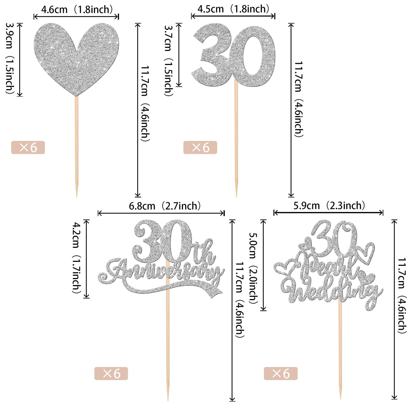 24 Pcs 30Th Anniversary Cupcake Toppers Silver Glitter Heart 30 Pearl Wedding Anniversary Cupcake Picks For Cheers To 30 Years B