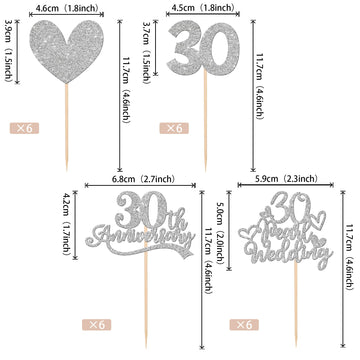 24 Pcs 30Th Anniversary Cupcake Toppers Silver Glitter Heart 30 Pearl Wedding Anniversary Cupcake Picks For Cheers To 30 Years B
