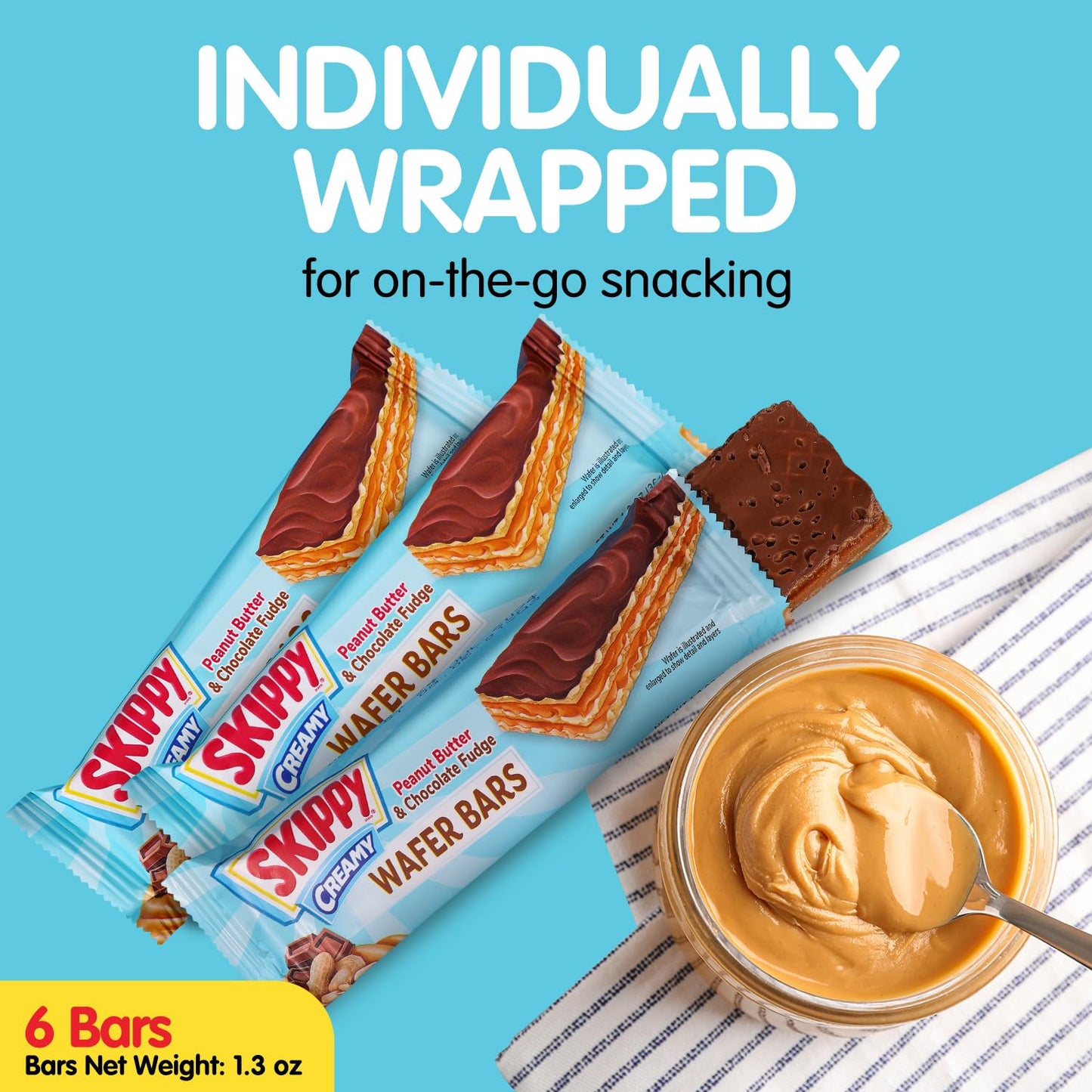 SKIPPY Creamy Peanut Butter & Chocolate Fudge Wafer Snack Bar, 1.3 oz, 6 ct (Pack of 6-36 ct) - Delicious, Convenient Treat
