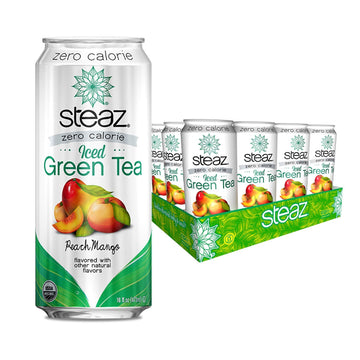 Steaz Organic Zero Calorie Iced Green Tea, Peach Mango, 16 Oz (Pack Of 12)