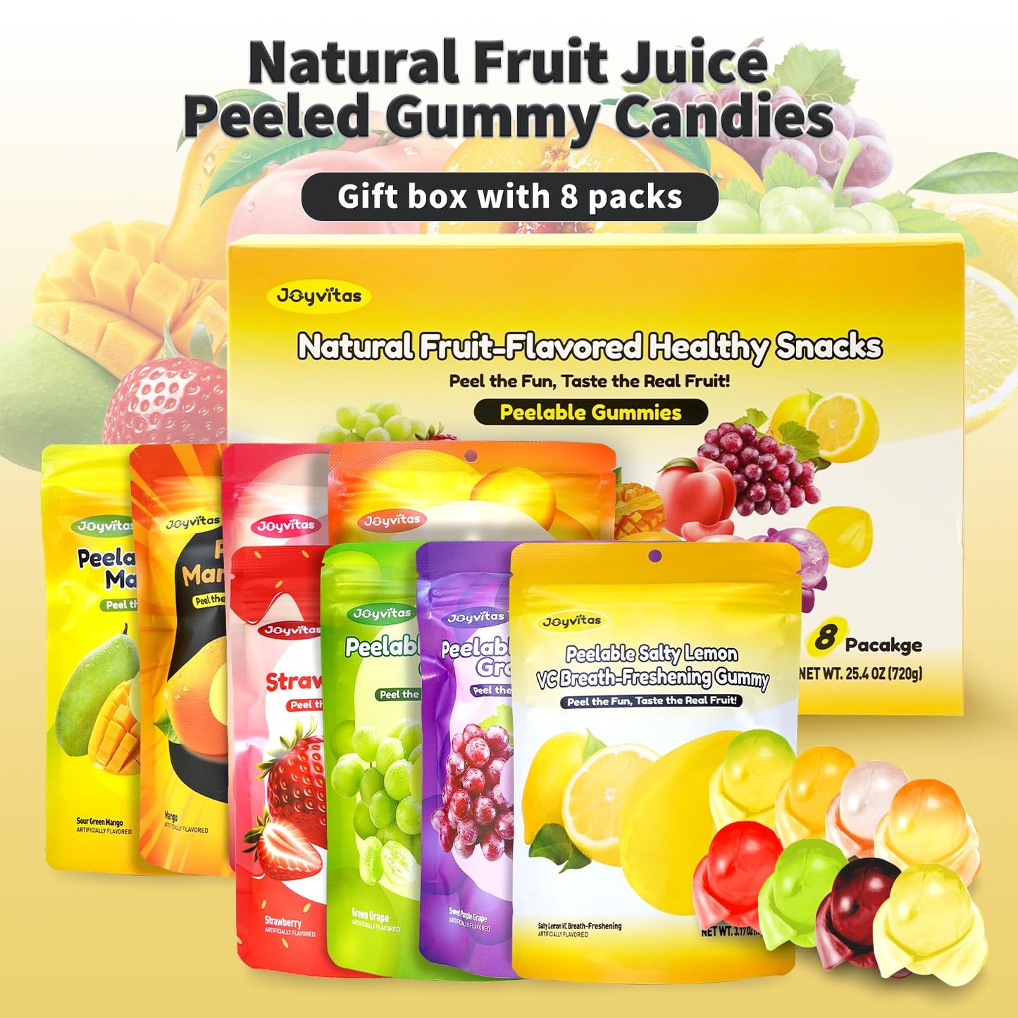 Joyvitas Peelable Gummy Mix Fruit Candy, Low Sugar, Tropical Variety Pack, 3.17 oz (8 Pack) - Mango, Peach, Lemon, G , Strawberry